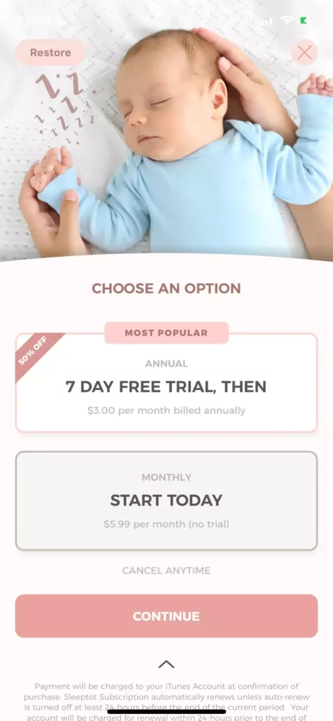 a mobile paywall design example by Sleeptot from Health and Fitness category