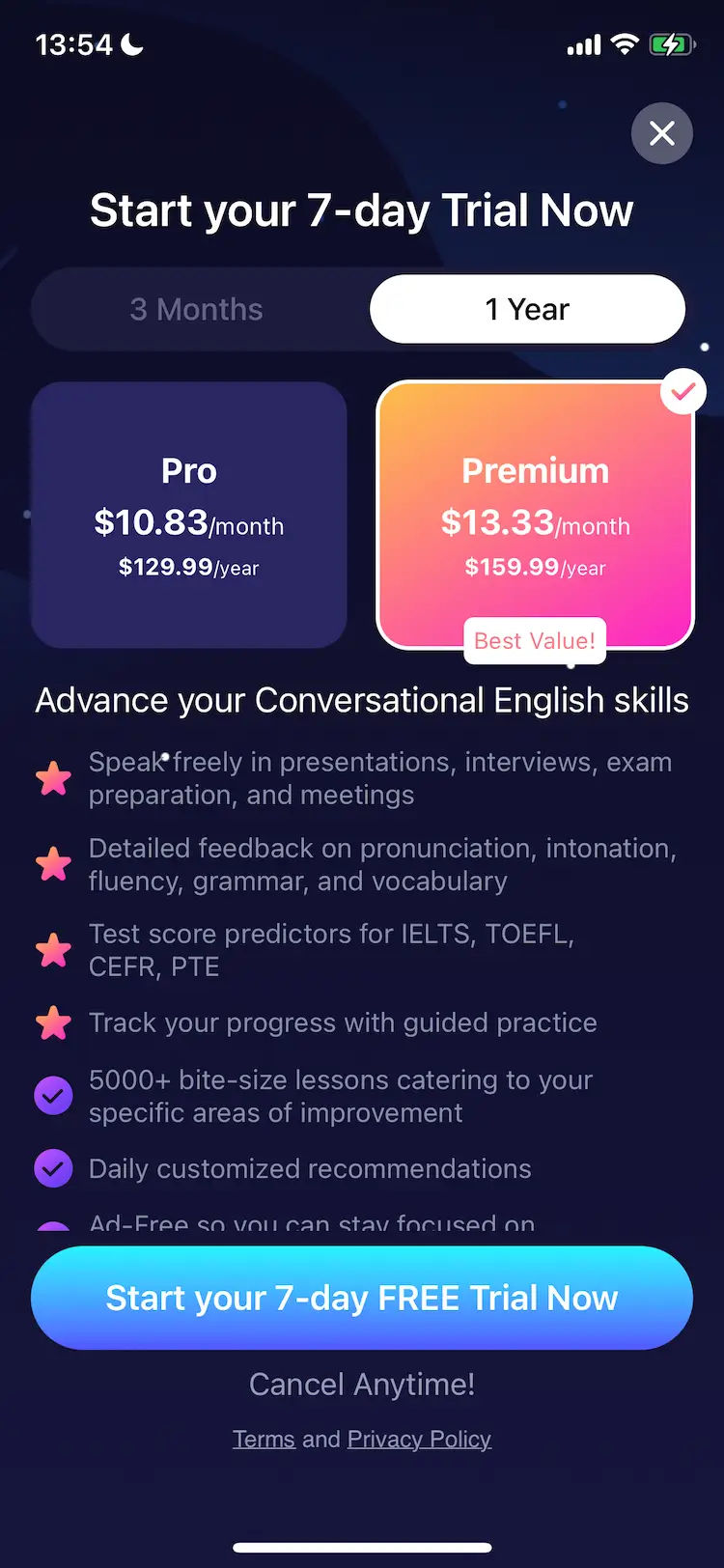 A mobile paywall design example by Memrise AI Language Learning from the Education category