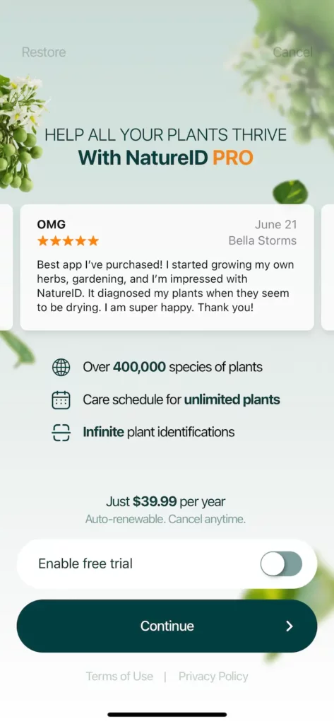 A mobile paywall design example by AI Plant Identifier from the Education category