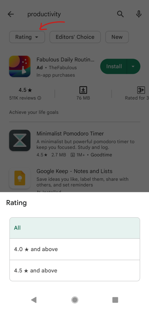 sorting by mobile app store ratings