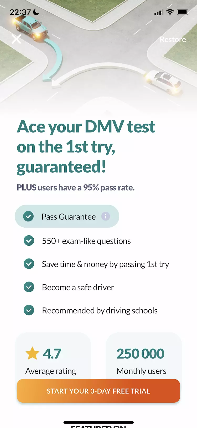 A mobile paywall design example by Zutobi: DMV Practice Test from the Education category