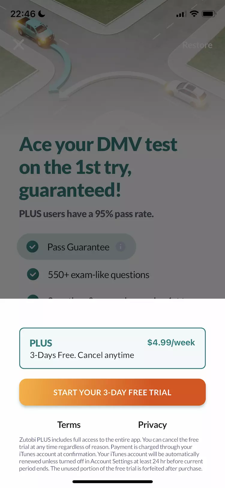 A mobile paywall example by Zutobi: DMV Practice Test from the Education category