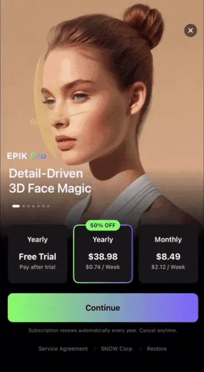 A mobile paywall design example by EPIK - AI Photo Editor from the Photo and Video category