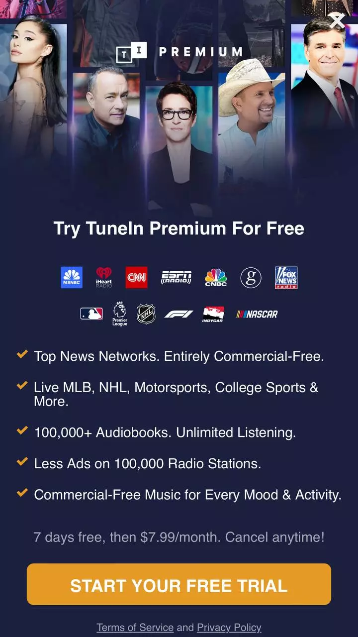 A mobile paywall design example by TuneIn Radio: Music & Sports from the Music Apps category