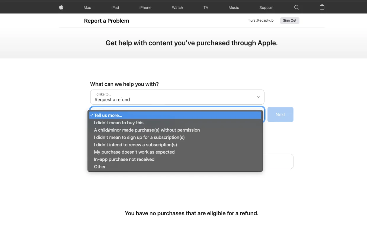 Apple’s Report a Problem page, where users can request refunds.