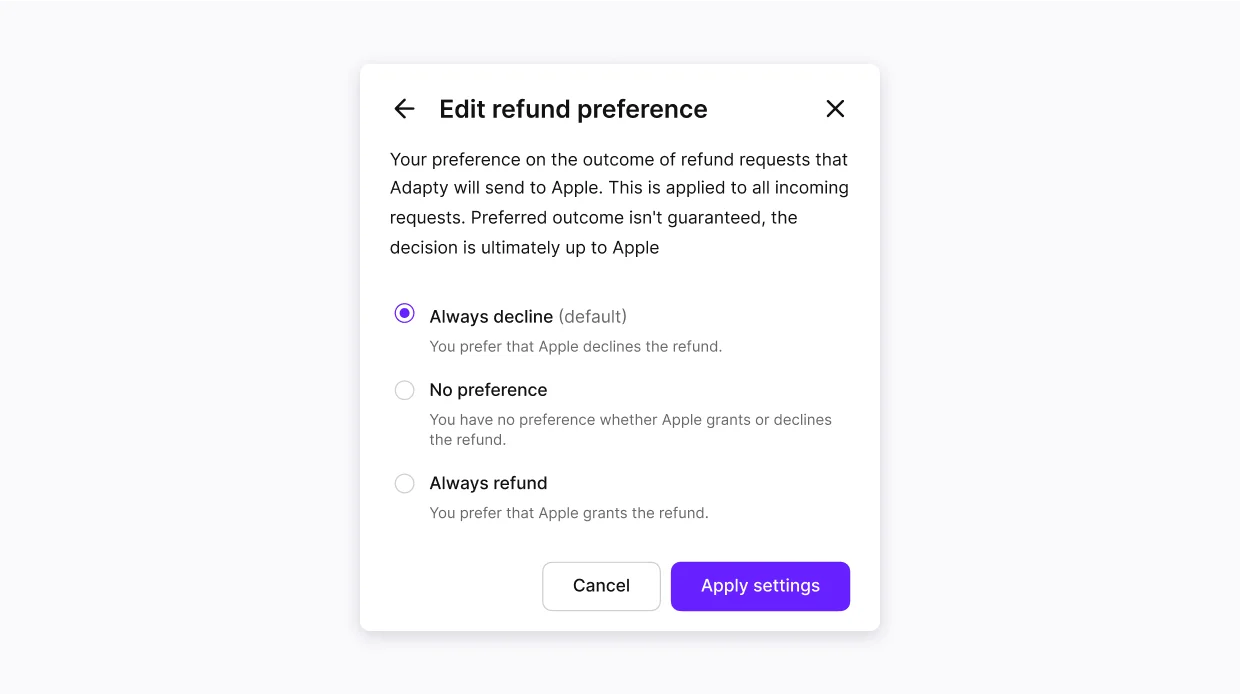 Screenshot of Refund Saver interface showing options to decline, accept, or set no preference for refund requests.