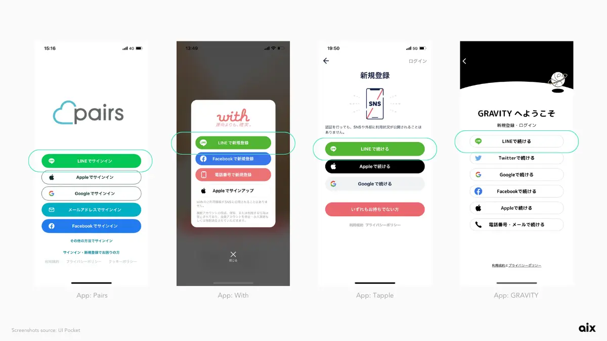 Top Social Media apps ー Pairs, with, Tapple, GRAVITY ー prioritizing LINE as primary login method
