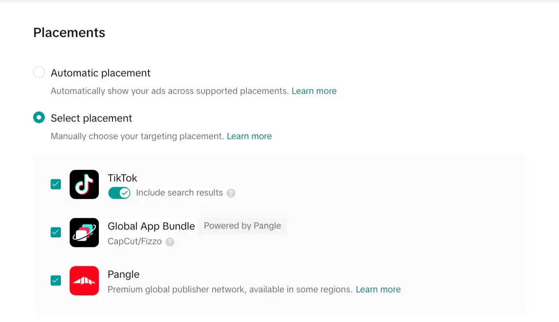 TikTok placements