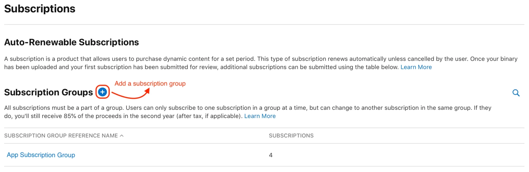 App Store Connect interface showing how to add multiple subscription groups for testing different free trial durations in iOS apps