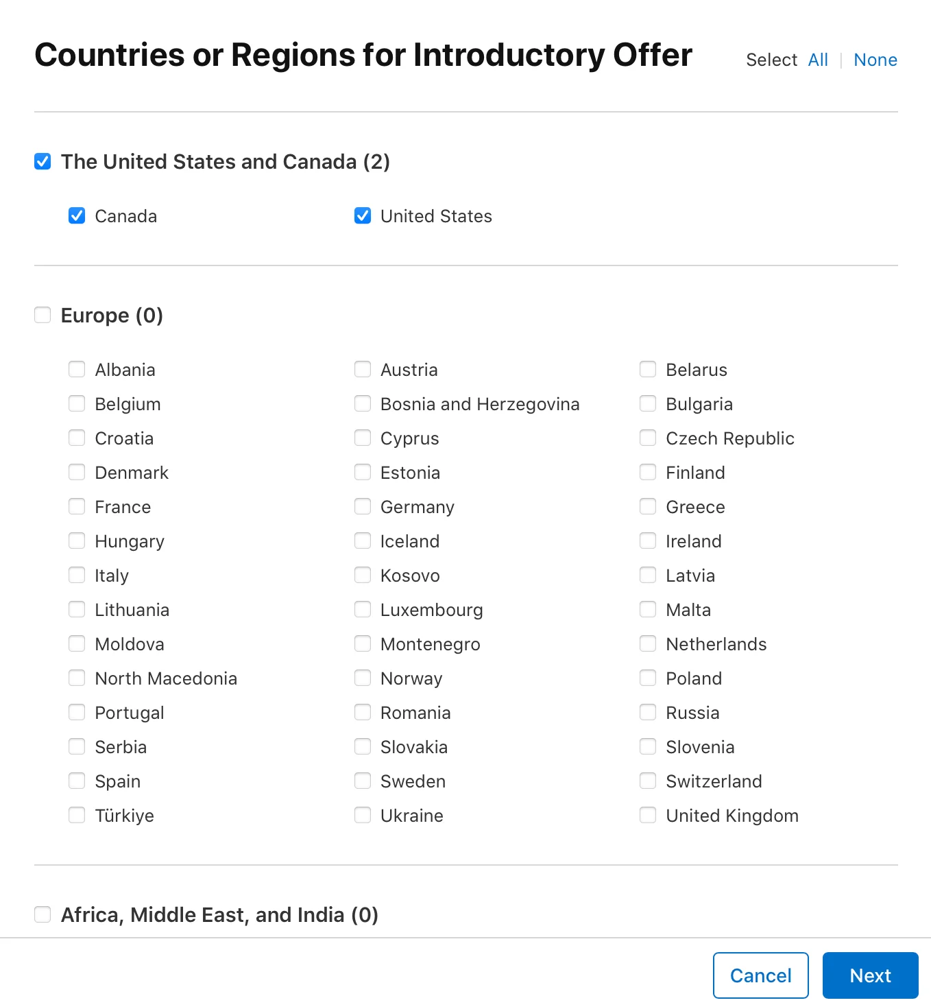 Apple’s App Store Connect interface showing how to assign a free trial to specific countries. It's a workaround for testing multiple free trial offers by region.