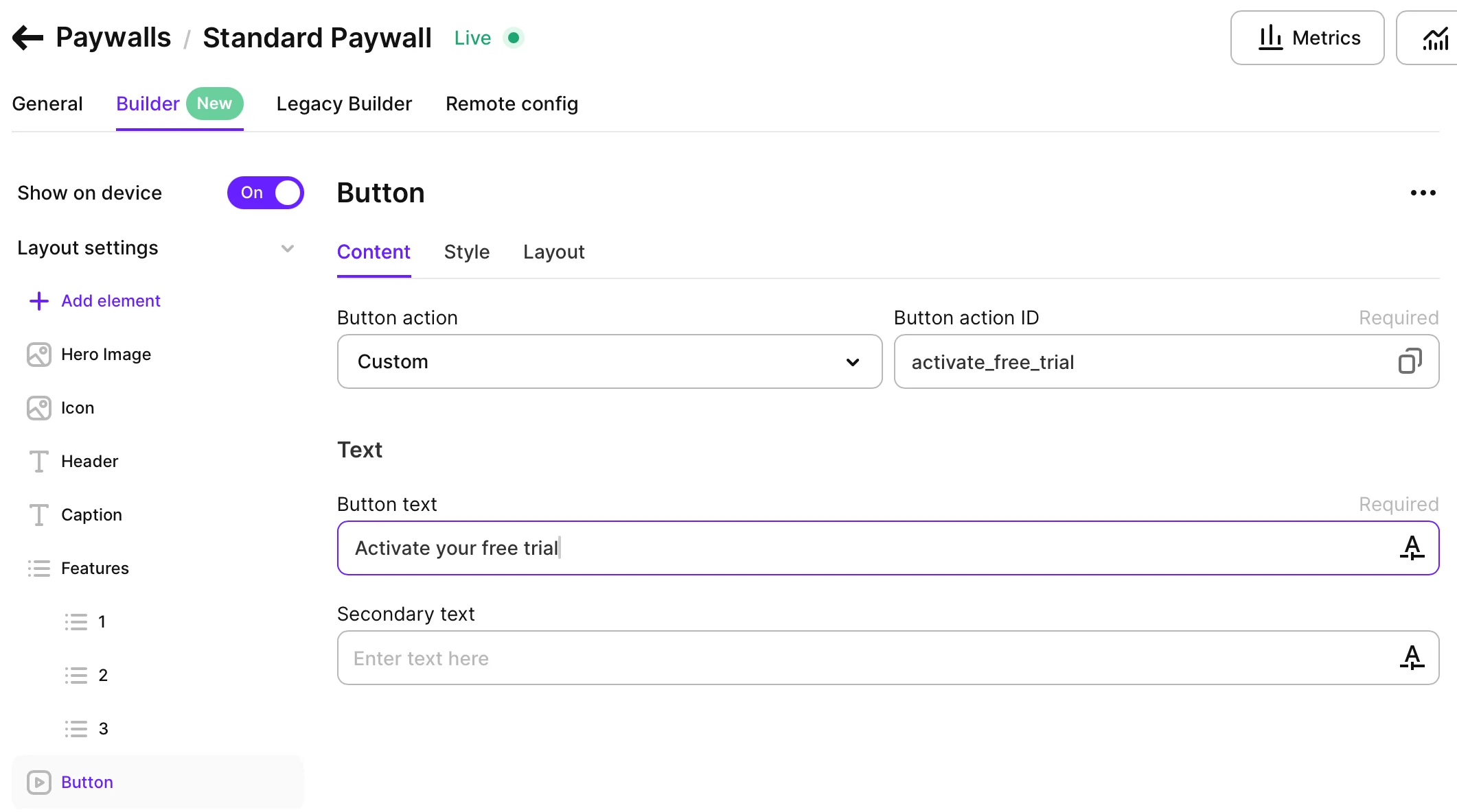 Adapty Paywall Builder interface showing a custom button setup for activating a free trial using app-side logic.