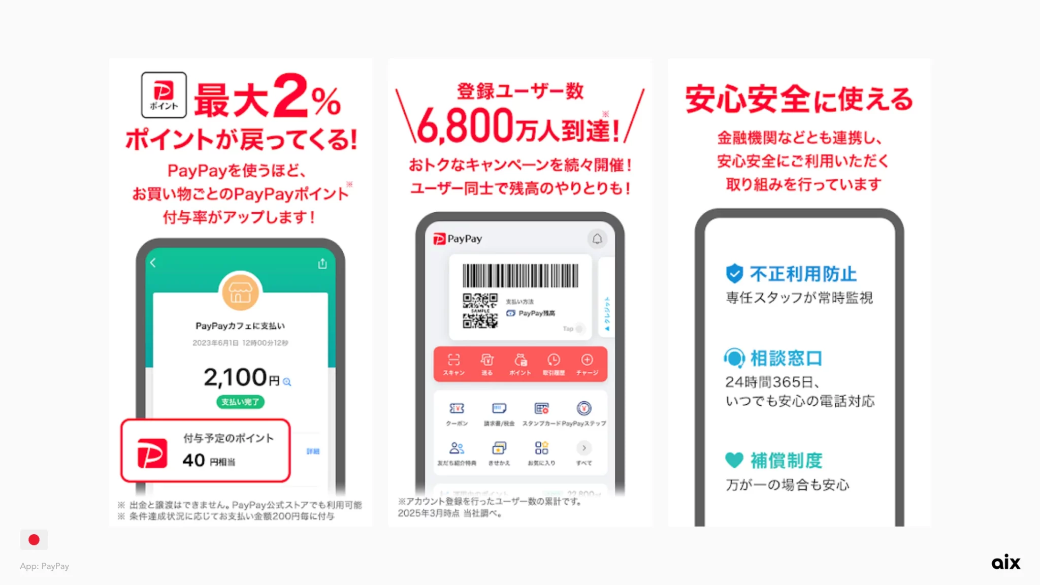 PayPay Japan app store screenshots with text-heavy design and multiple benefit highlights