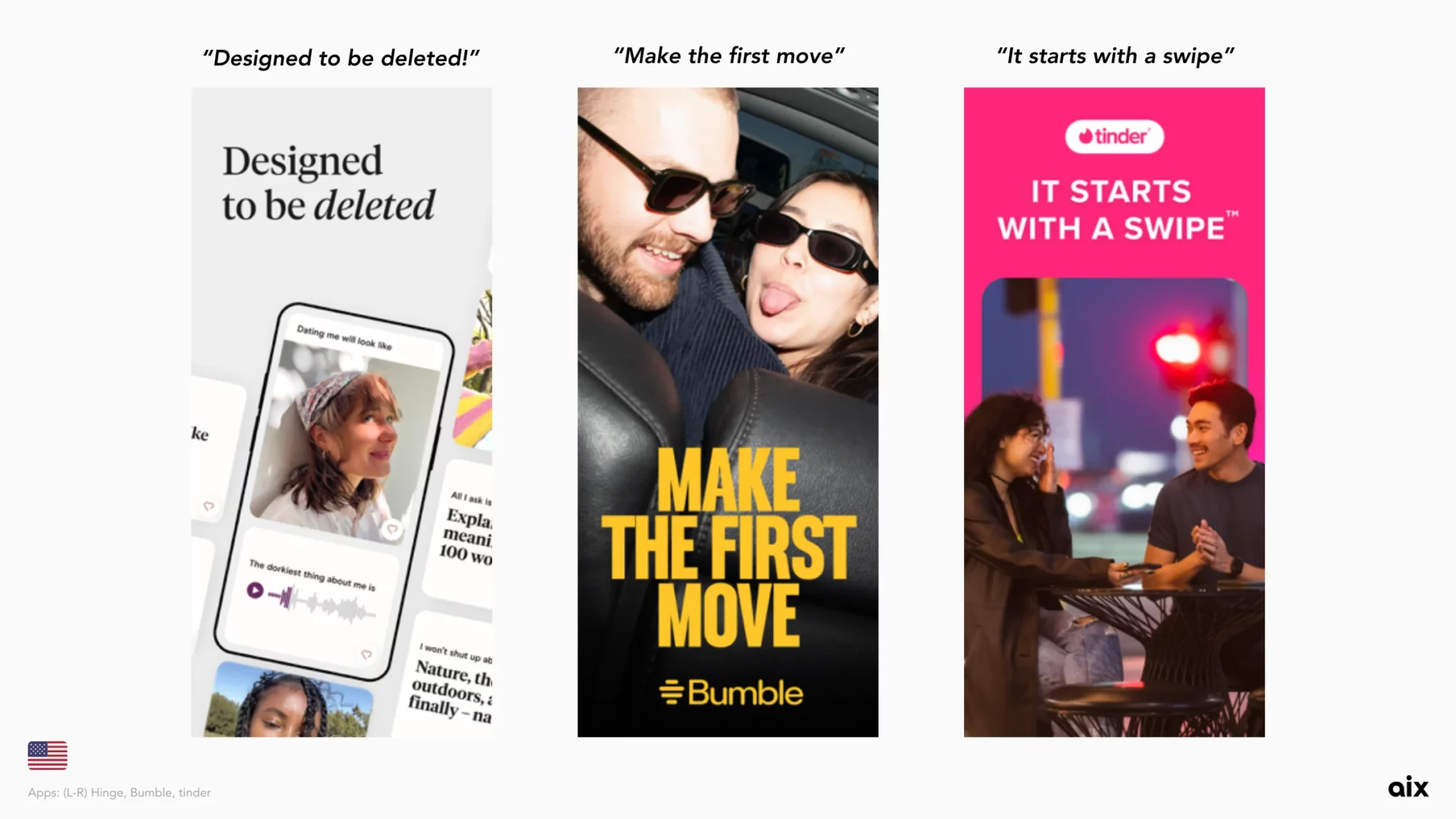 Hinge, Bumble, and Tinder screenshots with short and impactful taglines