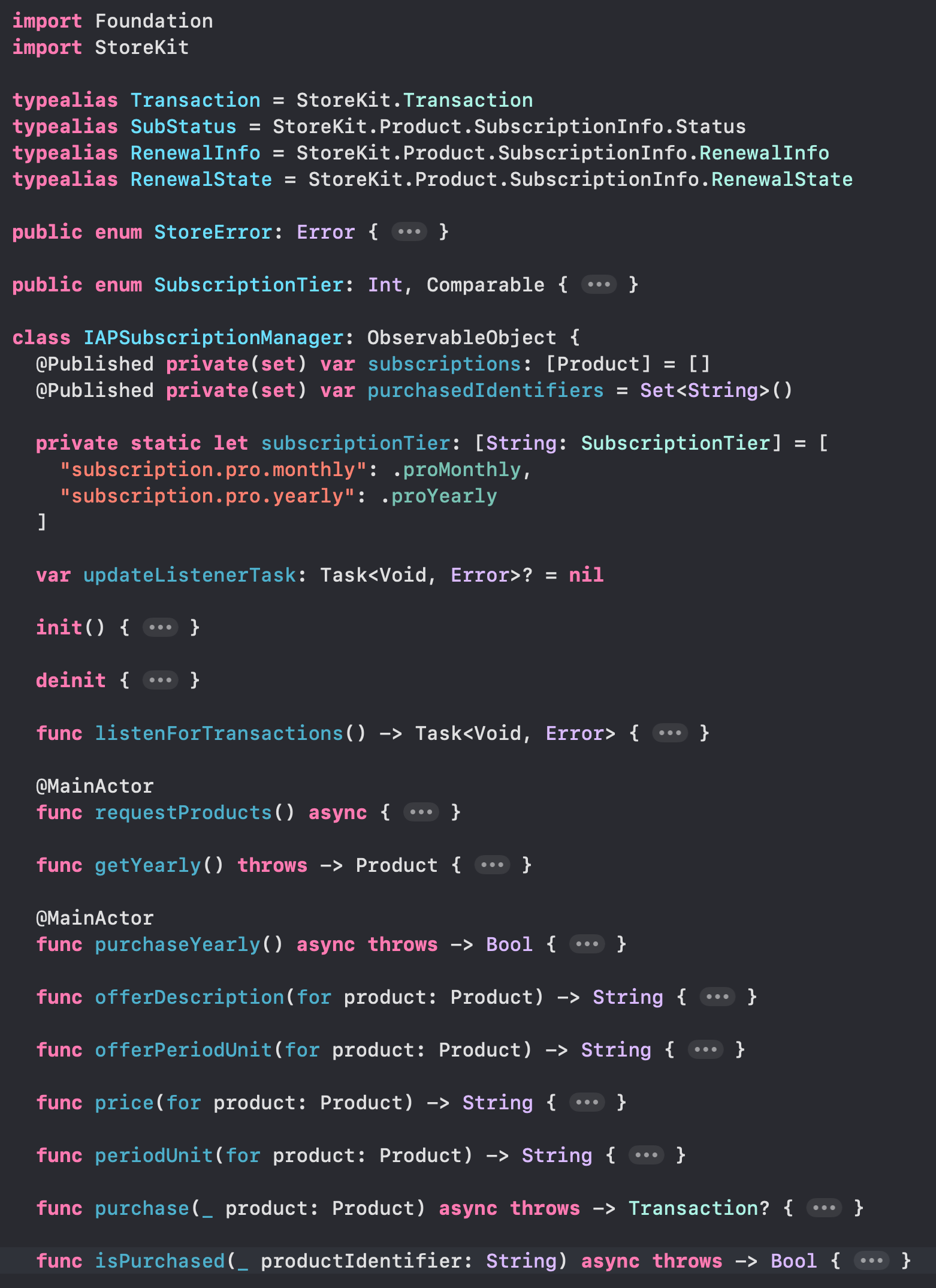 Example of IAPSubscriptionManager code using native StoreKit, demonstrating the complexity before transitioning to RevenueCat alternatives