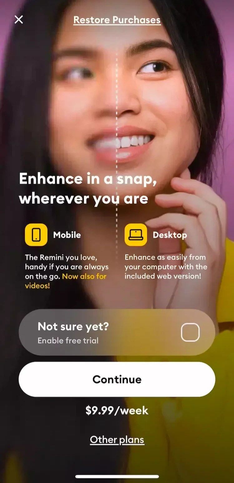 Remini - AI Photo Enhance iOS paywall