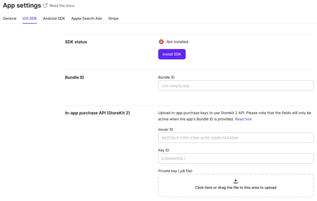 dapty iOS SDK configuration screen for Flutter In-App Purchases, showing fields for Bundle ID and StoreKit 2 API setup with Issuer ID, Key ID, and private key upload.