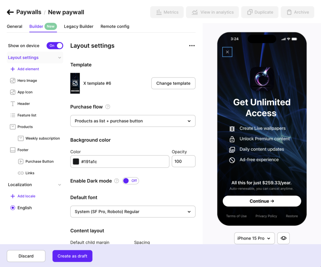 Paywall configuration screen in Adapty for Flutter In-App Purchases, showing onboarding paywall setup with a weekly subscription product and no active offers.