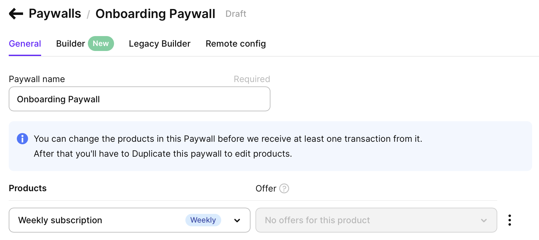 Onboarding paywall setup for Flutter In-App Purchases in Adapty, showing weekly subscription configuration and product linking before first transaction.