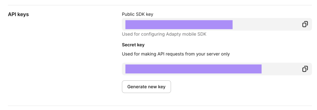 Adapty API key management screen for Flutter In-App Purchases, showing public SDK key for mobile integration and secret key for server-side API requests.
