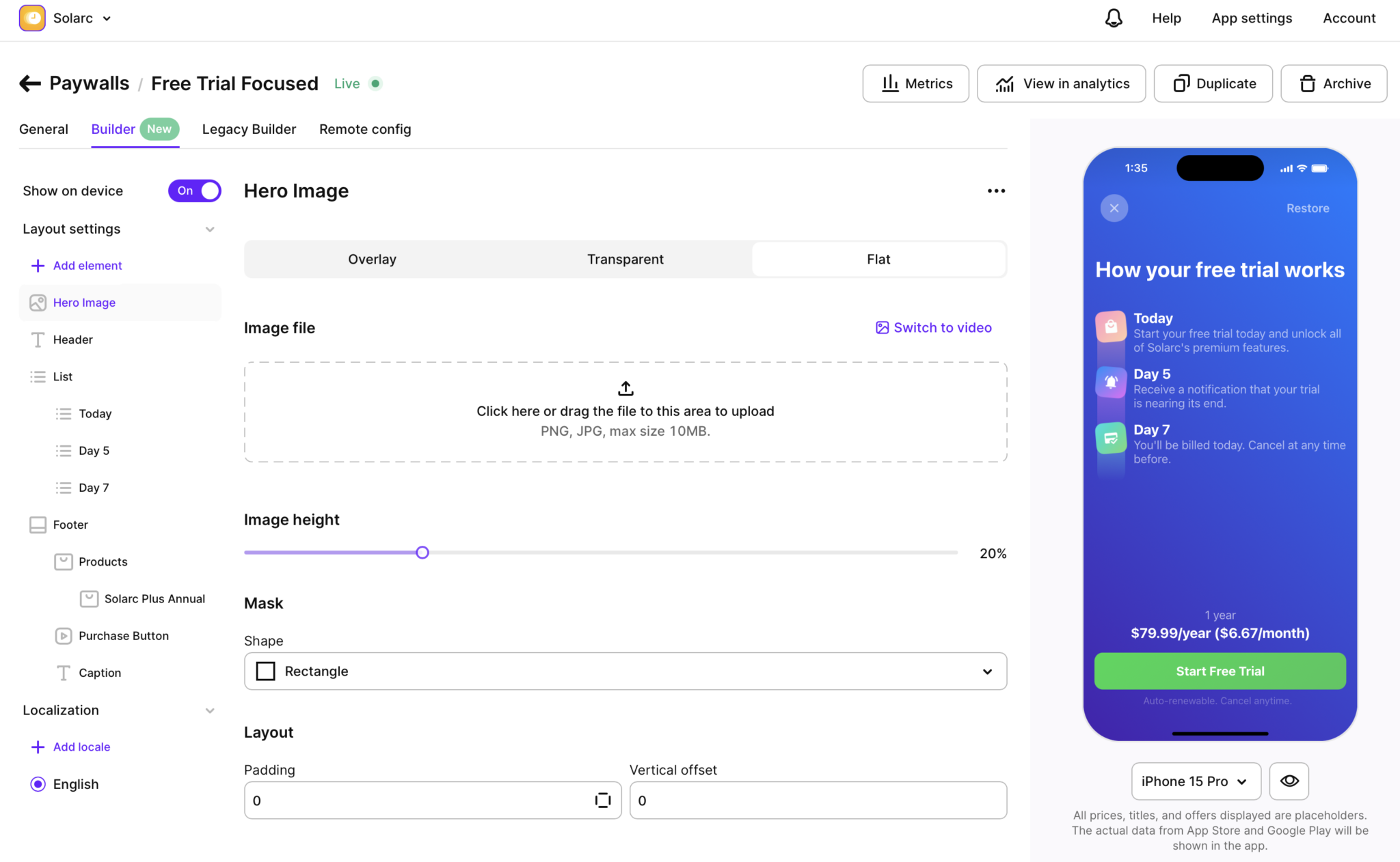 Solarc app's free trial paywall built using Adapty, the RevenueCat alternative with visual editing tools that boosted conversion rates.