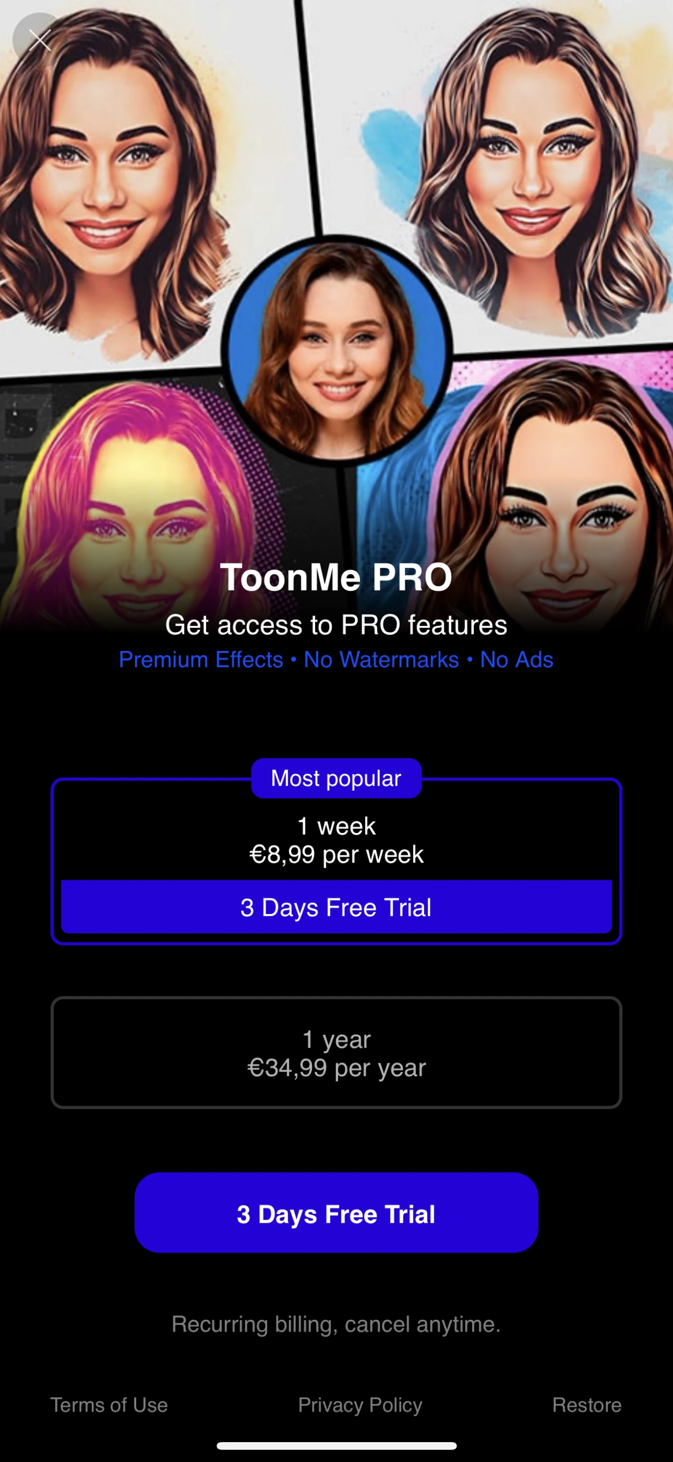 ToonMe: AI Cartoon Face Maker iOS paywall