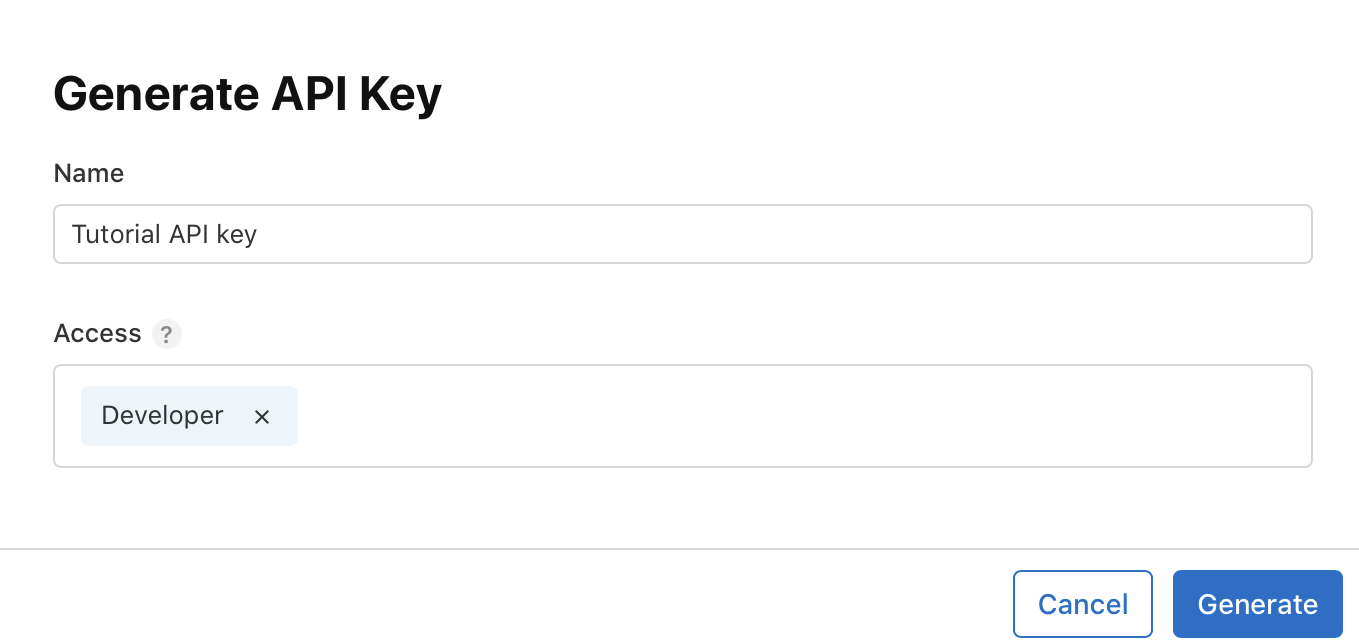 App Store Server API generate Key dialog showing name field filled with "Tutorial API key" and Developer access level selected