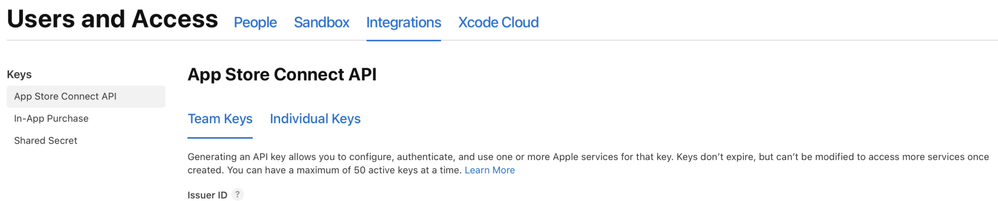 App Store Connect Users and Access page showing App Store Server API key generation interface with Team Keys and Individual Keys tabs