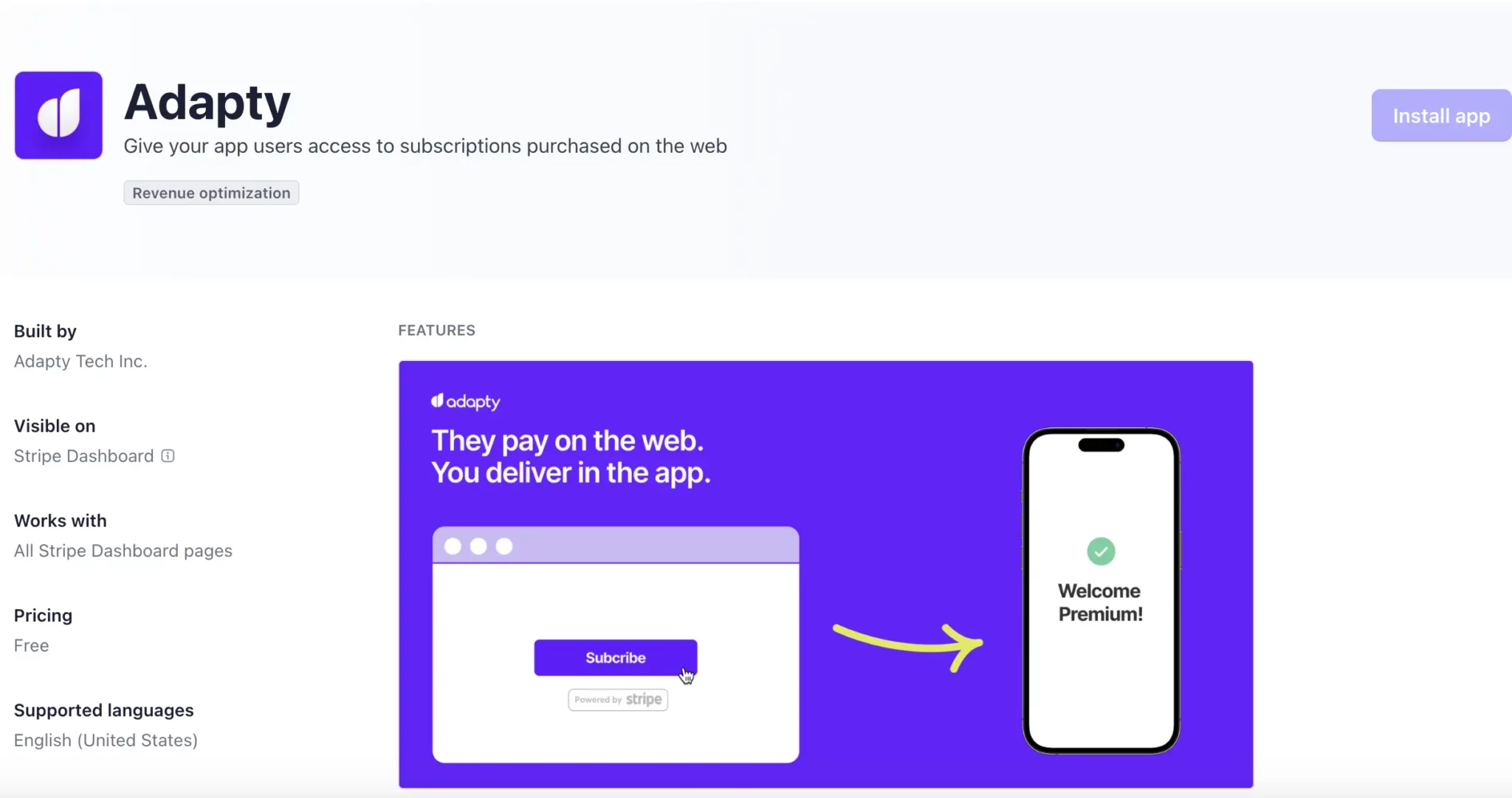 Adapty integration with Stripe for in-app purchases, showing a web-to-app subscription flow where users pay on the web and access premium content in the app.