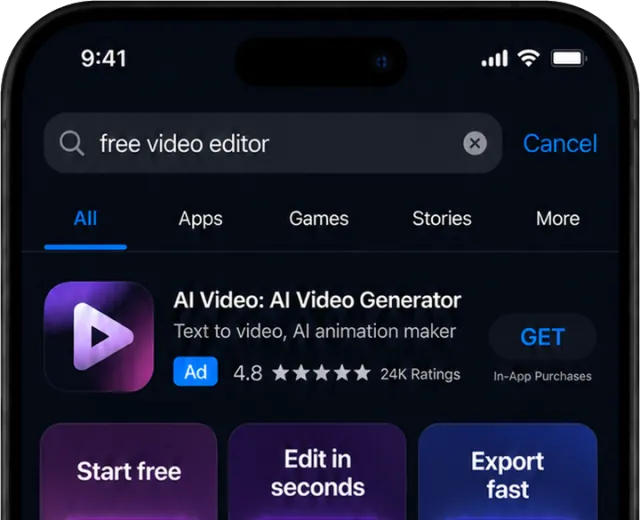 在 App Store 搜索“free video editor”，AI Video 广告位于首位
